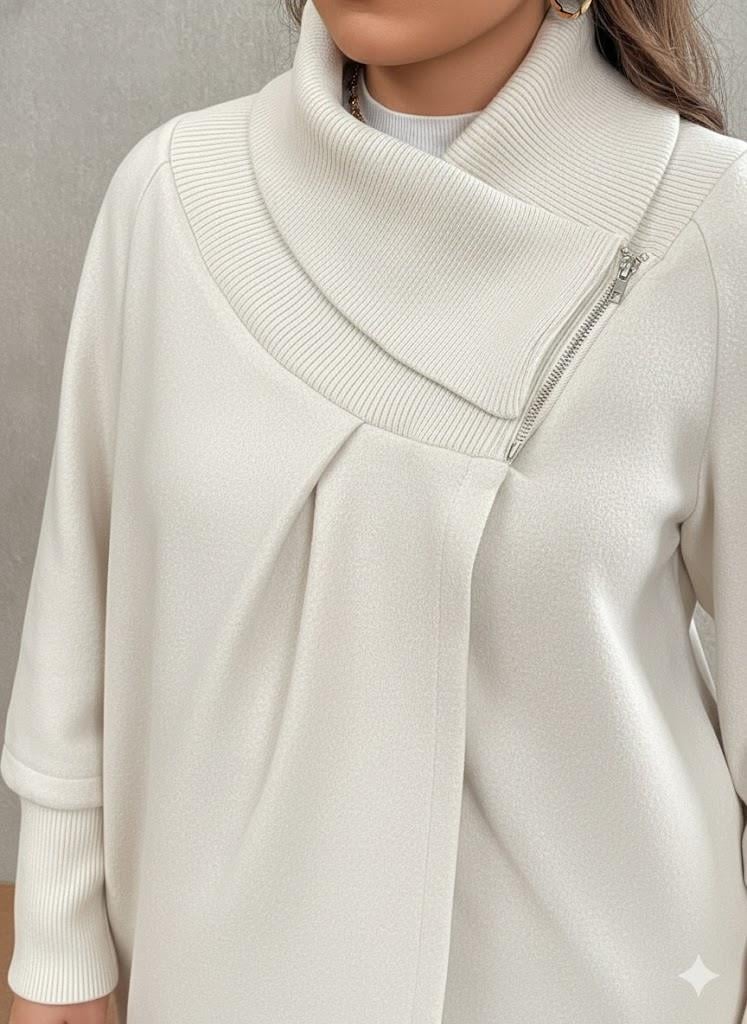 Ekru Kadın Asimetrik Kesim 3 İplik Şardonlu Sweat Ceket – Fermuarlı Yaka, Cepli, Oversize
