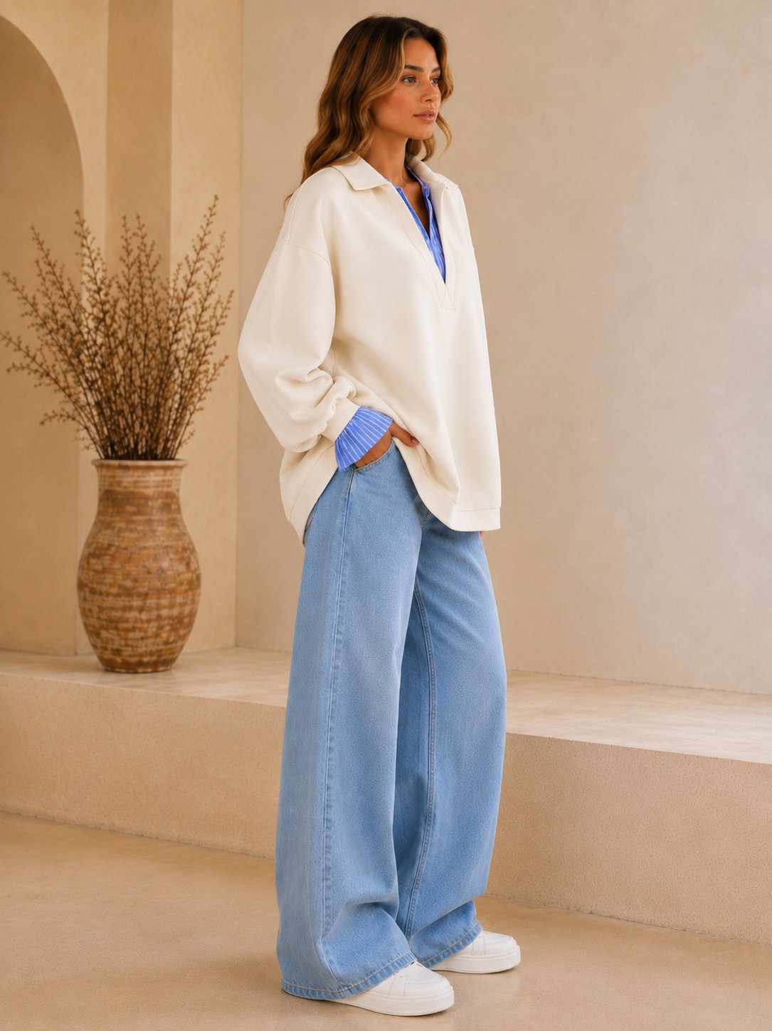 Ekru Kadın Oversize Gömlek Yaka Sweatshirt – Çizgili Poplin Detaylı Rahat Kesim Uzun Kollu Sweat