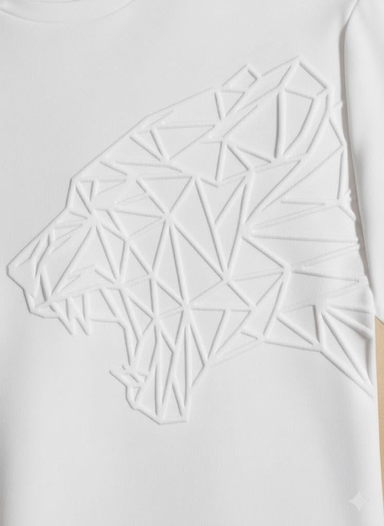Erkek Beyaz Gofre Baskılı Geometrik Kaplan Tişört | Tam Kalıp Bisiklet Yaka T-Shirt