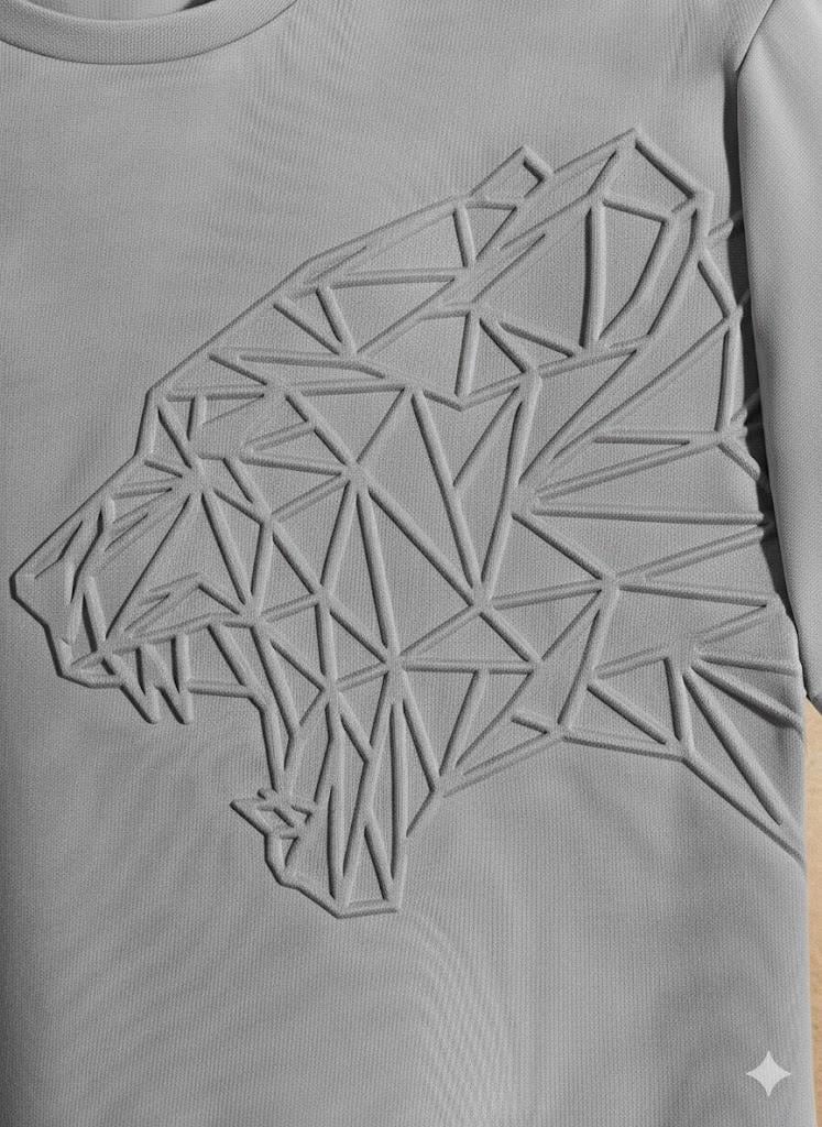 Erkek Gri Gofre Baskılı Geometrik Kaplan Tişört | Tam Kalıp Bisiklet Yaka T-Shirt