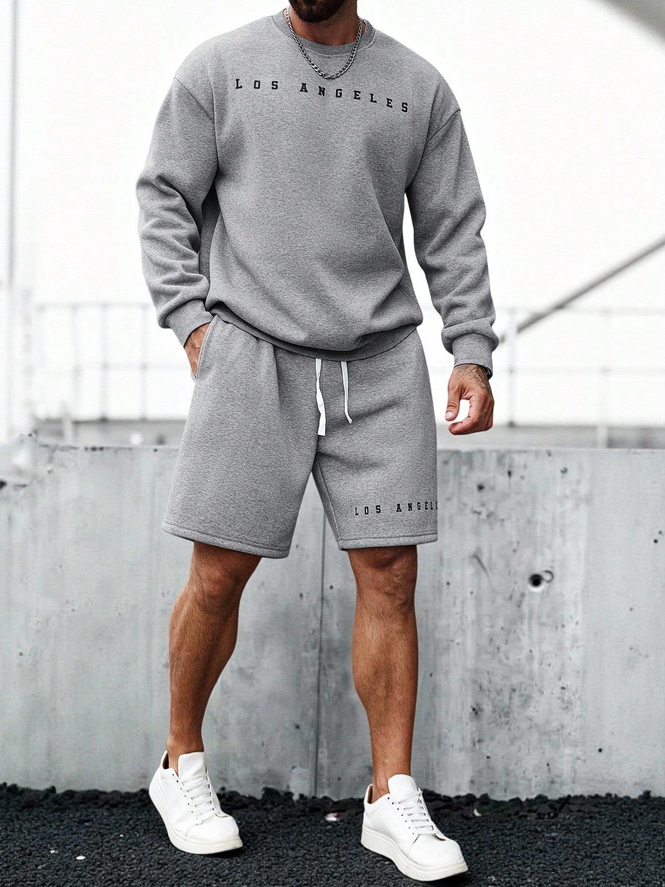 Erkek Gri Los Angeles Baskılı Eşofman Takımı Şortlu – Oversize Sweatshirt & Şort Set