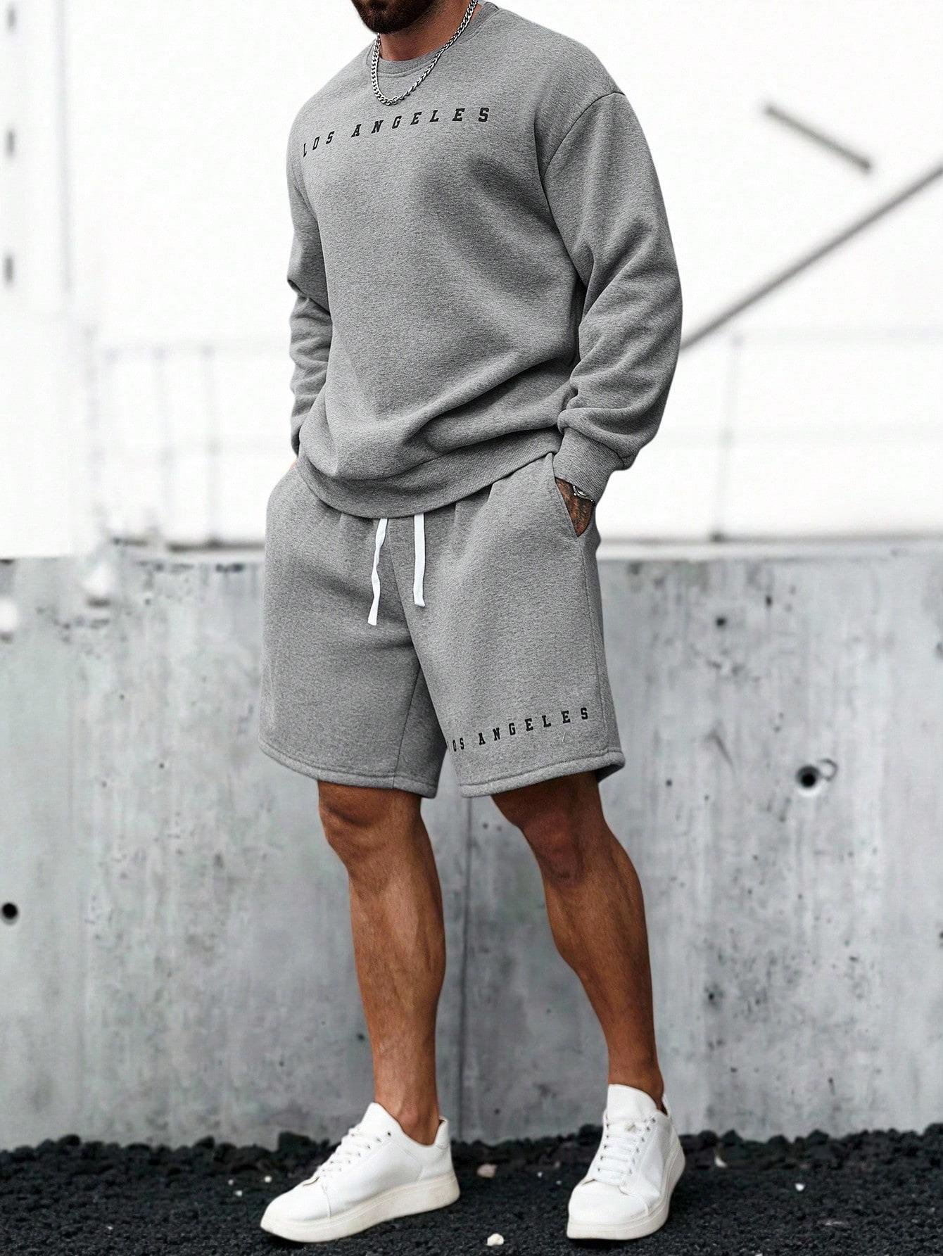 Erkek Gri Los Angeles Baskılı Eşofman Takımı Şortlu – Oversize Sweatshirt & Şort Set