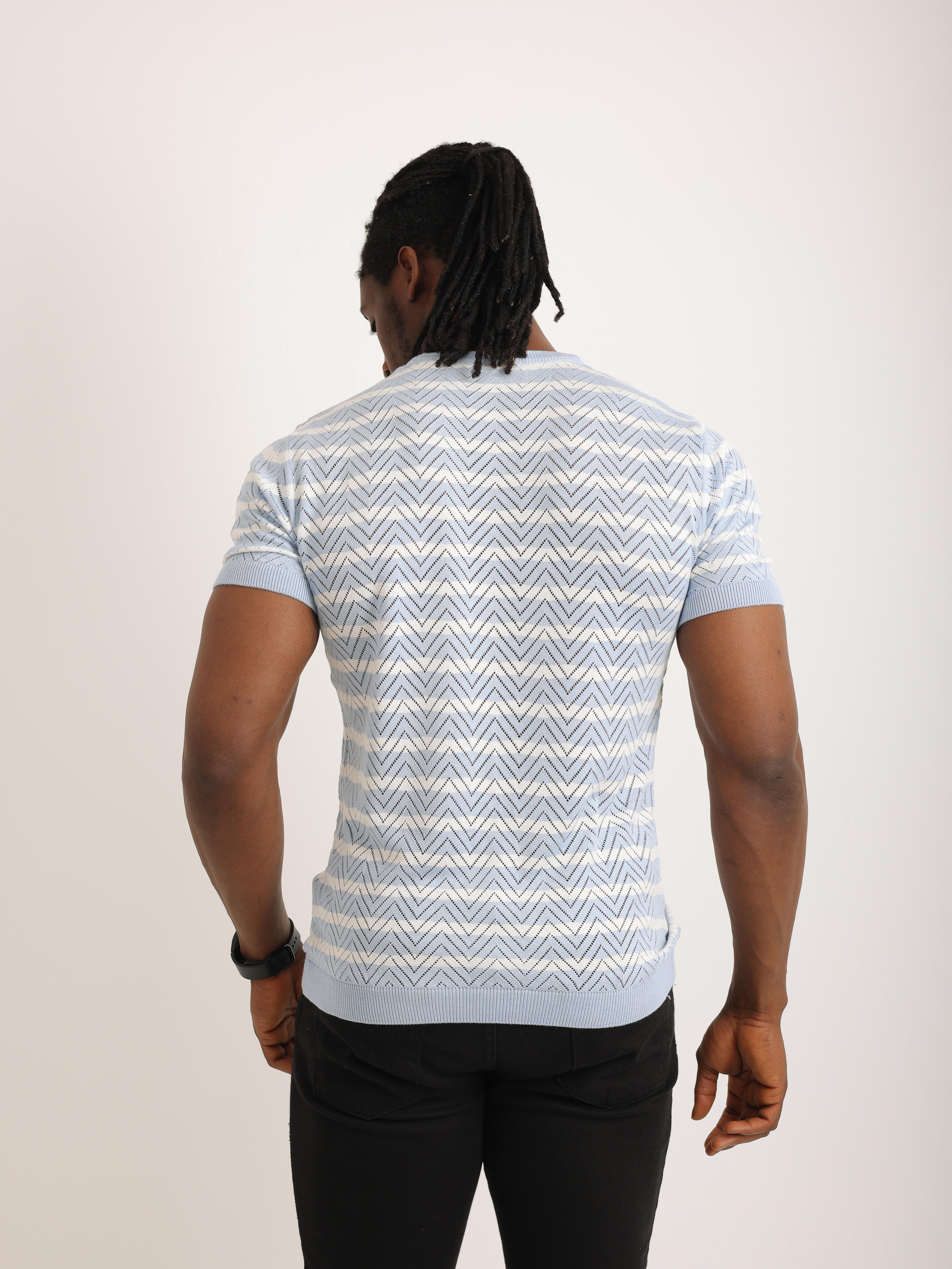 Erkek Mavi Desenli Triko Tişört – Kısa Kollu, Slim Fit