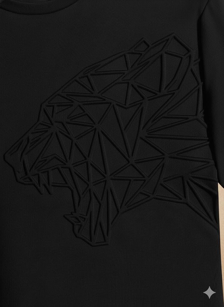 Erkek Siyah Gofre Baskılı Geometrik Kaplan Tişört | Tam Kalıp Bisiklet Yaka T-Shirt
