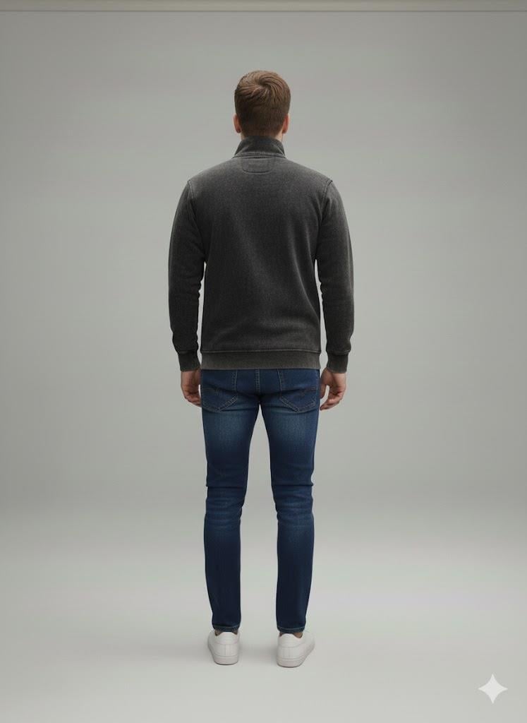 Erkek Siyah Yıkamalı Efektli Yarım Fermuarlı %100 Pamuk 3 İplik Sweatshirt