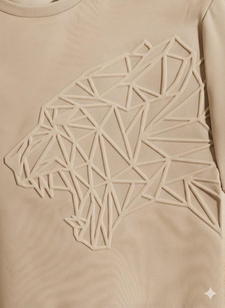 Erkek Sütlü Kahve Gofre Baskılı Geometrik Kaplan Tişört | Tam Kalıp Bisiklet Yaka T-Shirt