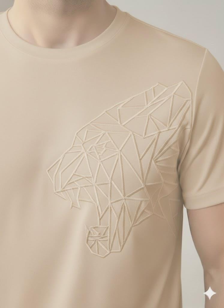 Erkek Sütlü Kahve Gofre Baskılı Geometrik Kaplan Tişört | Tam Kalıp Bisiklet Yaka T-Shirt