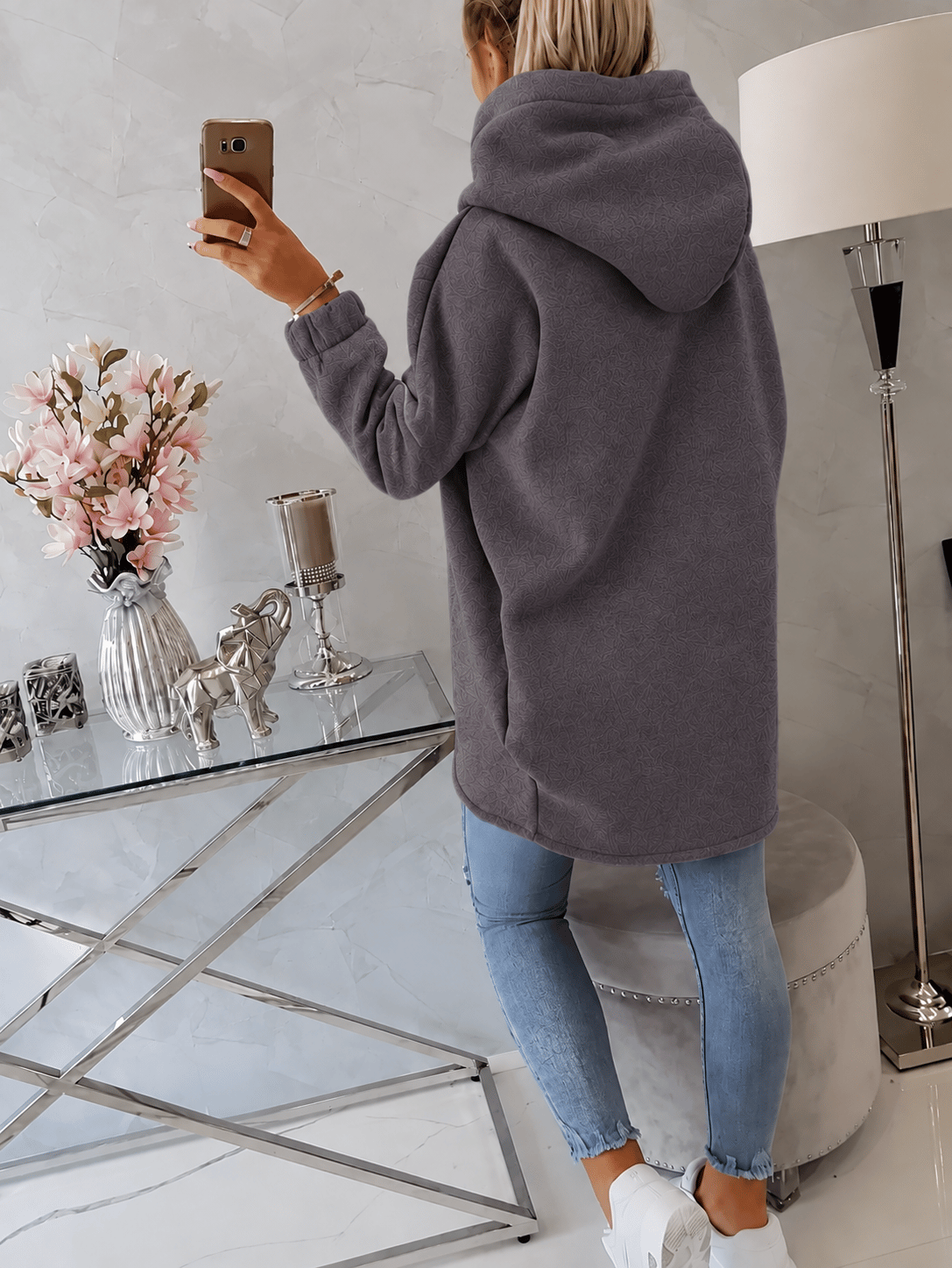 Füme Kadın Asimetrik Fermuarlı Oversize Kapüşonlu Sweatshirt – Kalın Kumaş – Rahat Günlük Tarz