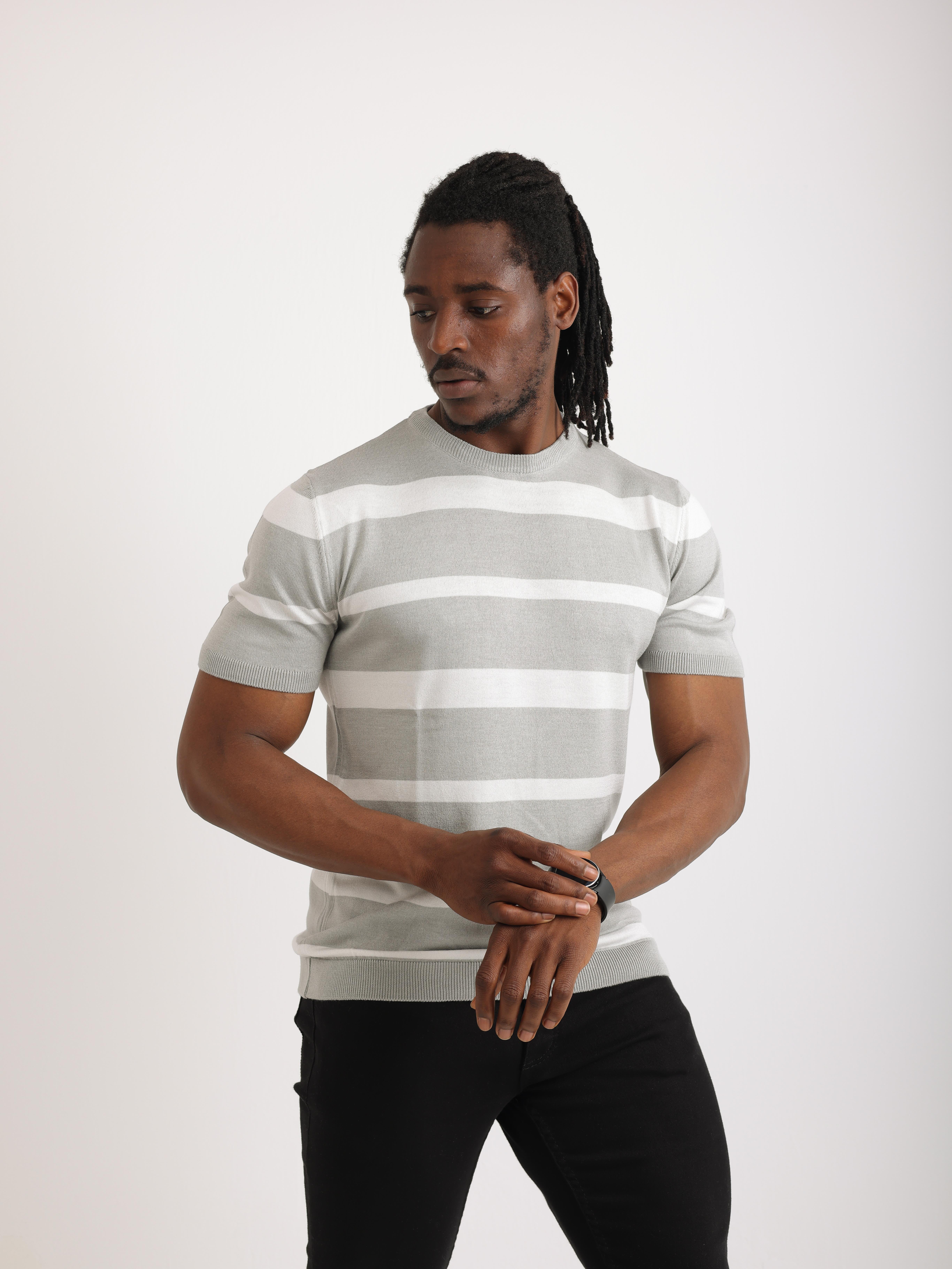 Gri Beyaz Çizgili Triko Örme Bisiklet Yaka Erkek Tişört