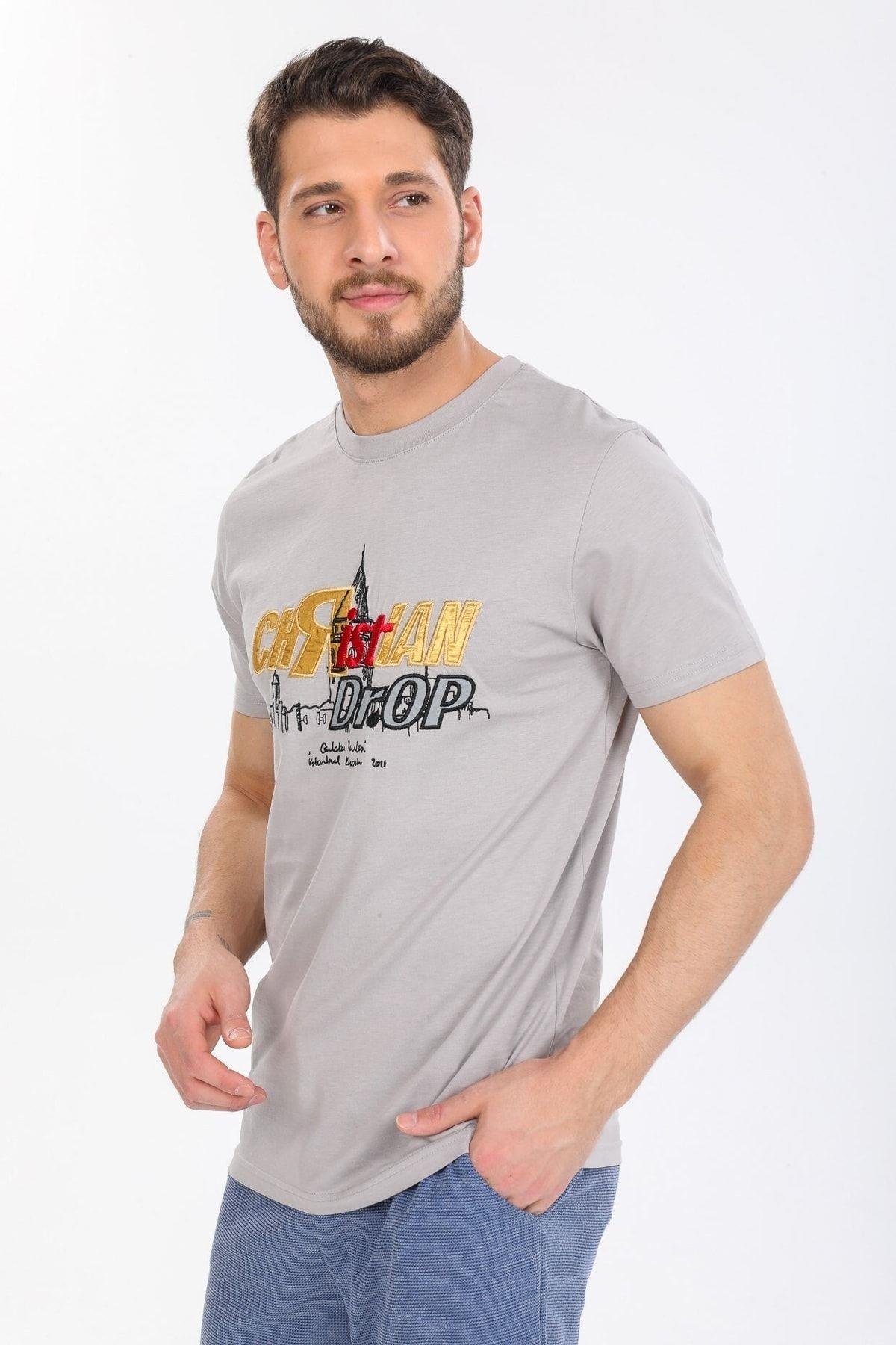 Gri Kabartmalı Logolu T-shirt
