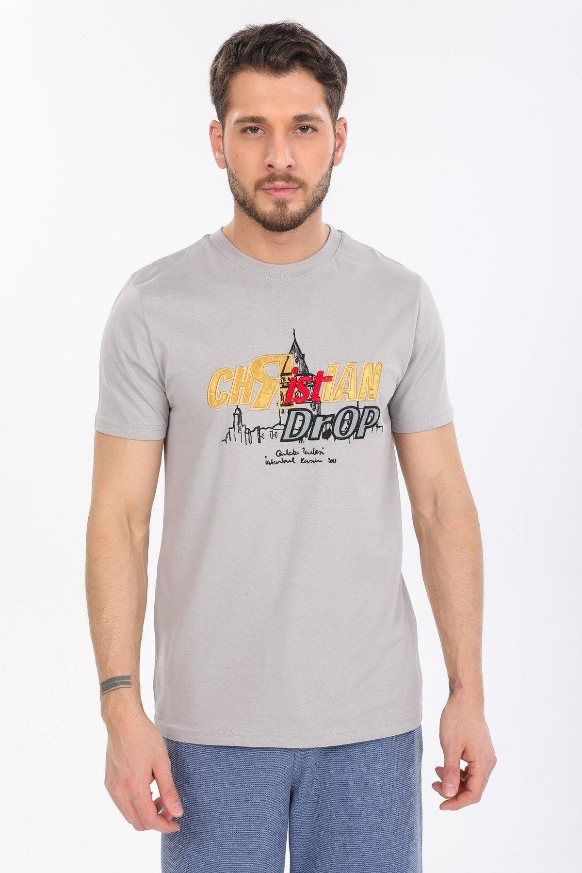 Gri Kabartmalı Logolu T-shirt