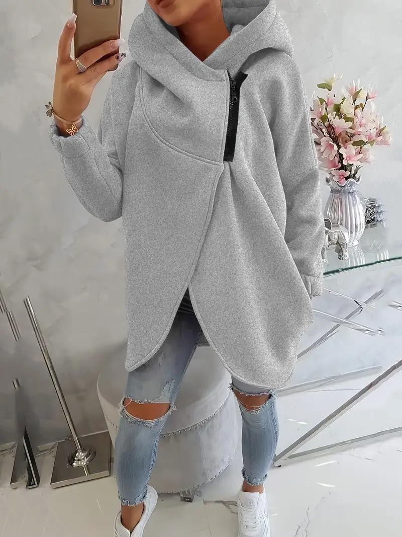 Gri Kadın 3 İplik Şardonlu Kapüşonlu Ceket – Asimetrik Fermuarlı Oversize 