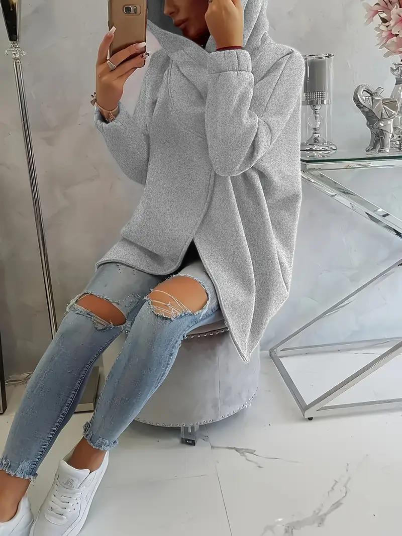 Gri Kadın 3 İplik Şardonlu Kapüşonlu Ceket – Asimetrik Fermuarlı Oversize 