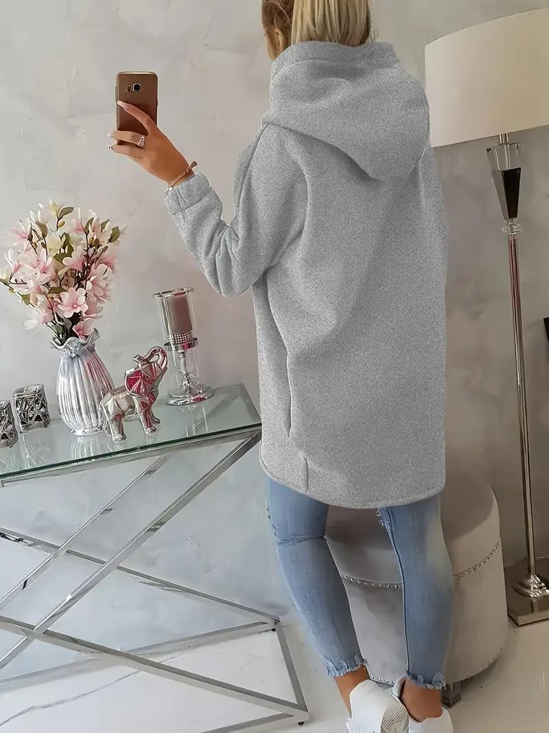 Gri Kadın Asimetrik Fermuarlı Oversize Kapüşonlu Sweatshirt – Kalın Kumaş – Rahat Günlük Tarz