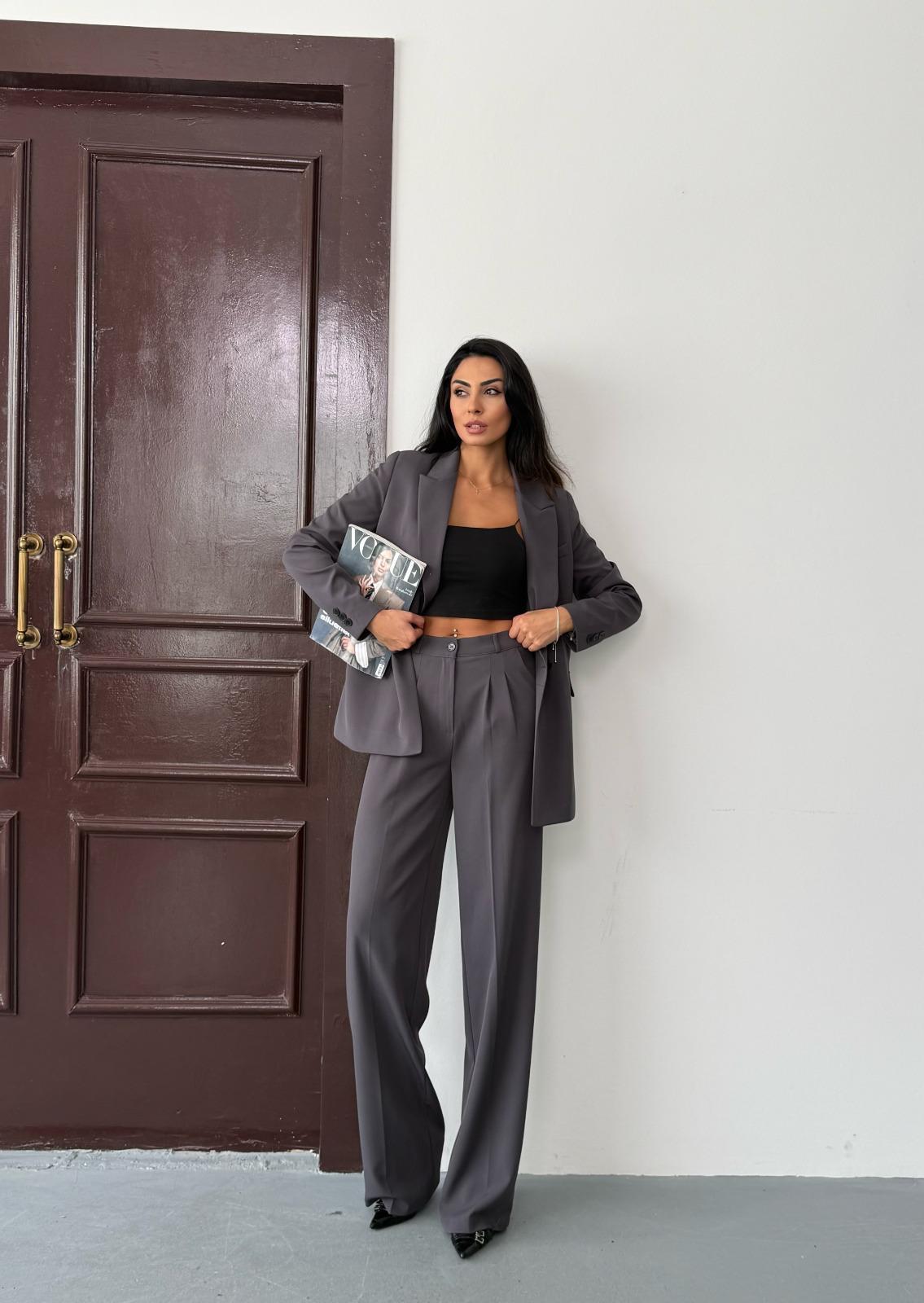 Gri Kadın Polly Viscon Takım – 1. Sınıf Kumaş Blazer Ceket & Palazzo Pantolon İkili Takım