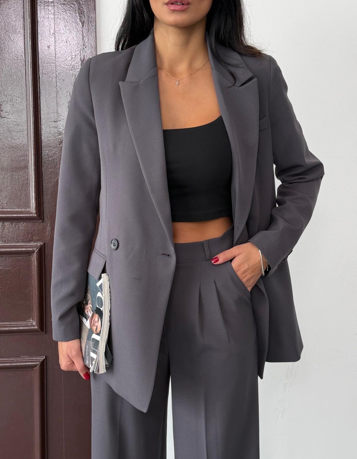 Gri Kadın Polly Viscon Takım – 1. Sınıf Kumaş Blazer Ceket & Palazzo Pantolon İkili Takım