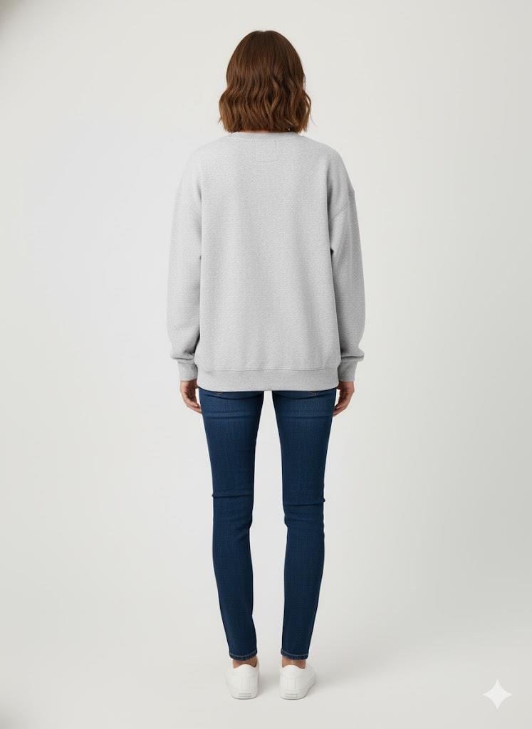 Gri Melanj Oversize Ayıcık Baskılı Kaşkorse Ribanalı Sweatshirt