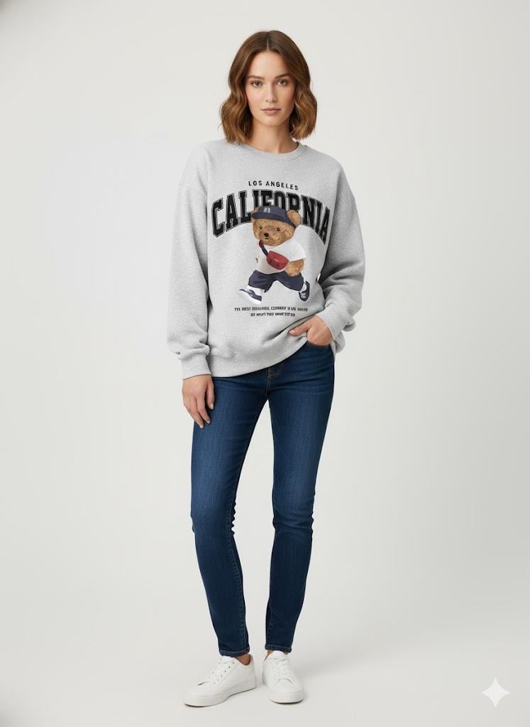 Gri Melanj Oversize Ayıcık Baskılı Kaşkorse Ribanalı Sweatshirt