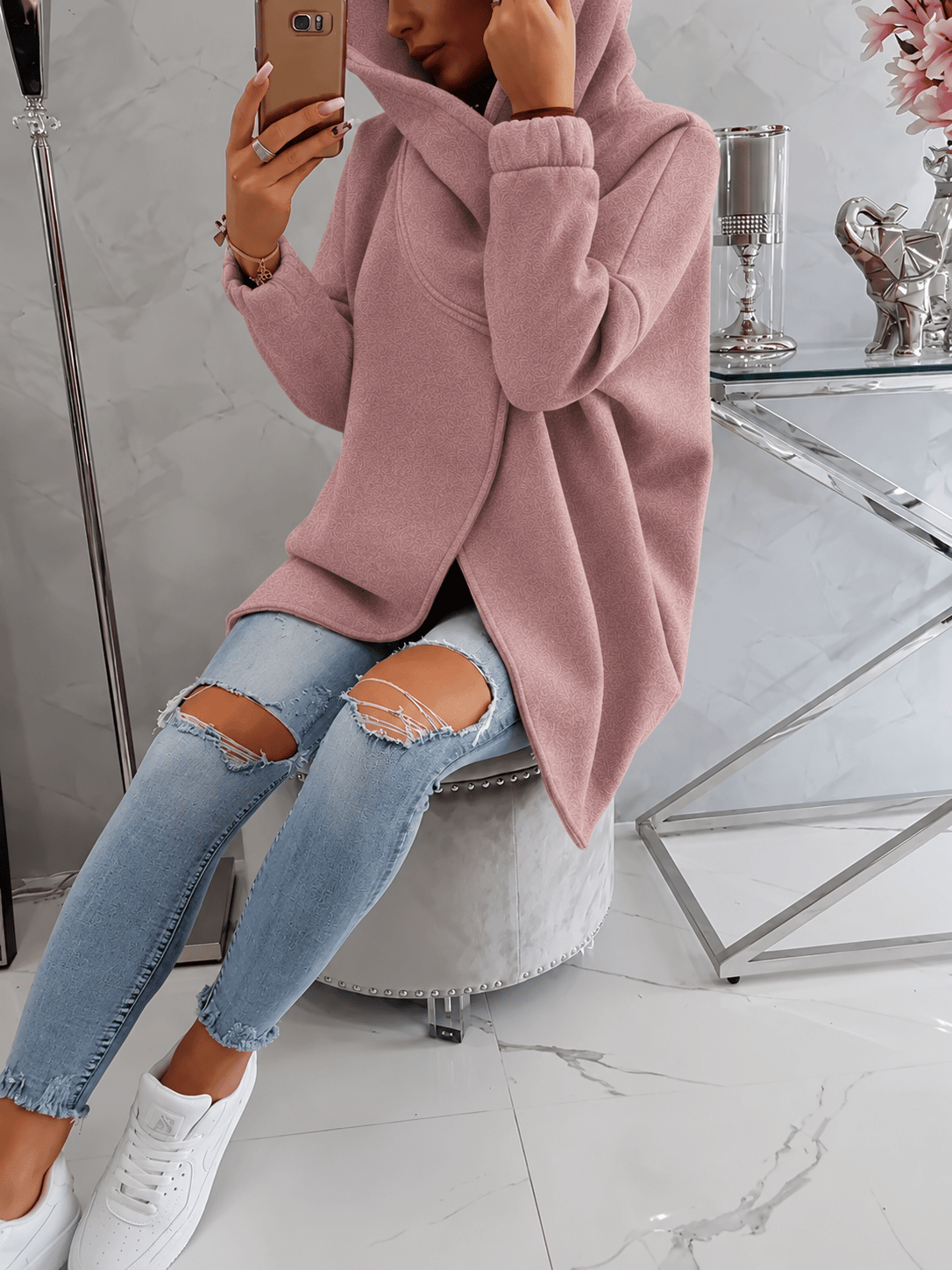 Gül Kurusu Kadın Asimetrik Fermuarlı Oversize Kapüşonlu Sweatshirt – Kalın Kumaş – Rahat Günlük Tarz
