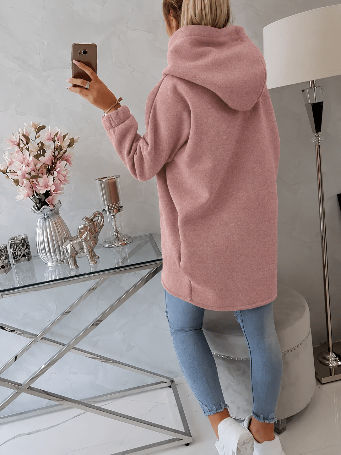 Gül Kurusu Kadın Asimetrik Fermuarlı Oversize Kapüşonlu Sweatshirt – Kalın Kumaş – Rahat Günlük Tarz