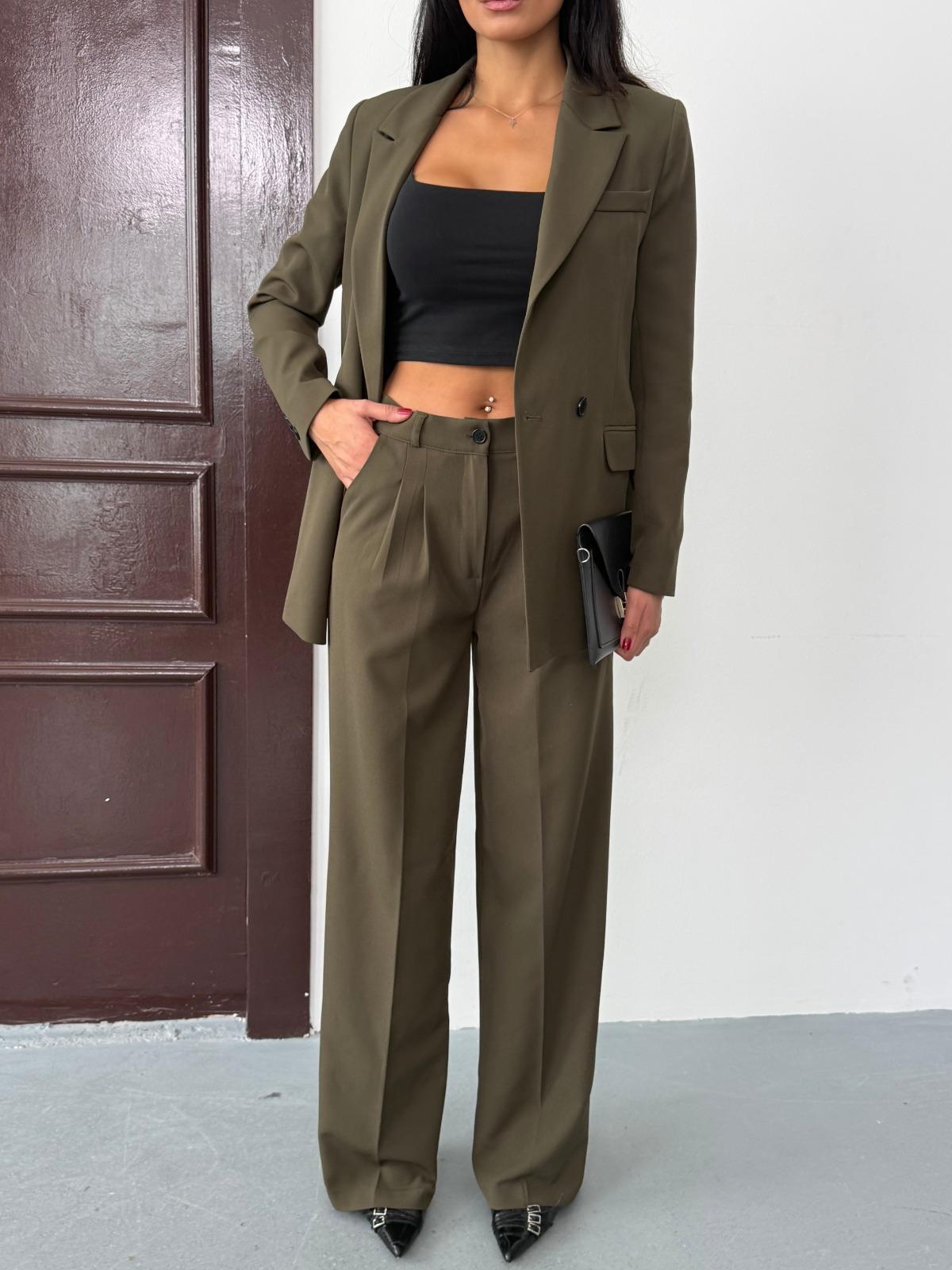 Haki Kadın Polly Viscon Takım – 1. Sınıf Kumaş Blazer Ceket & Palazzo Pantolon İkili Takım