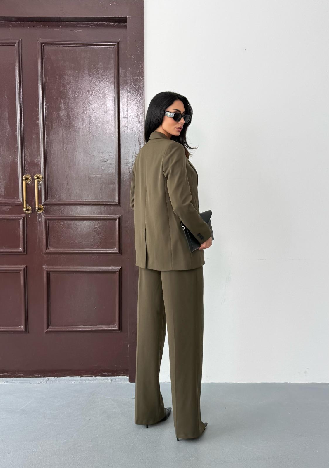 Haki Kadın Polly Viscon Takım – 1. Sınıf Kumaş Blazer Ceket & Palazzo Pantolon İkili Takım