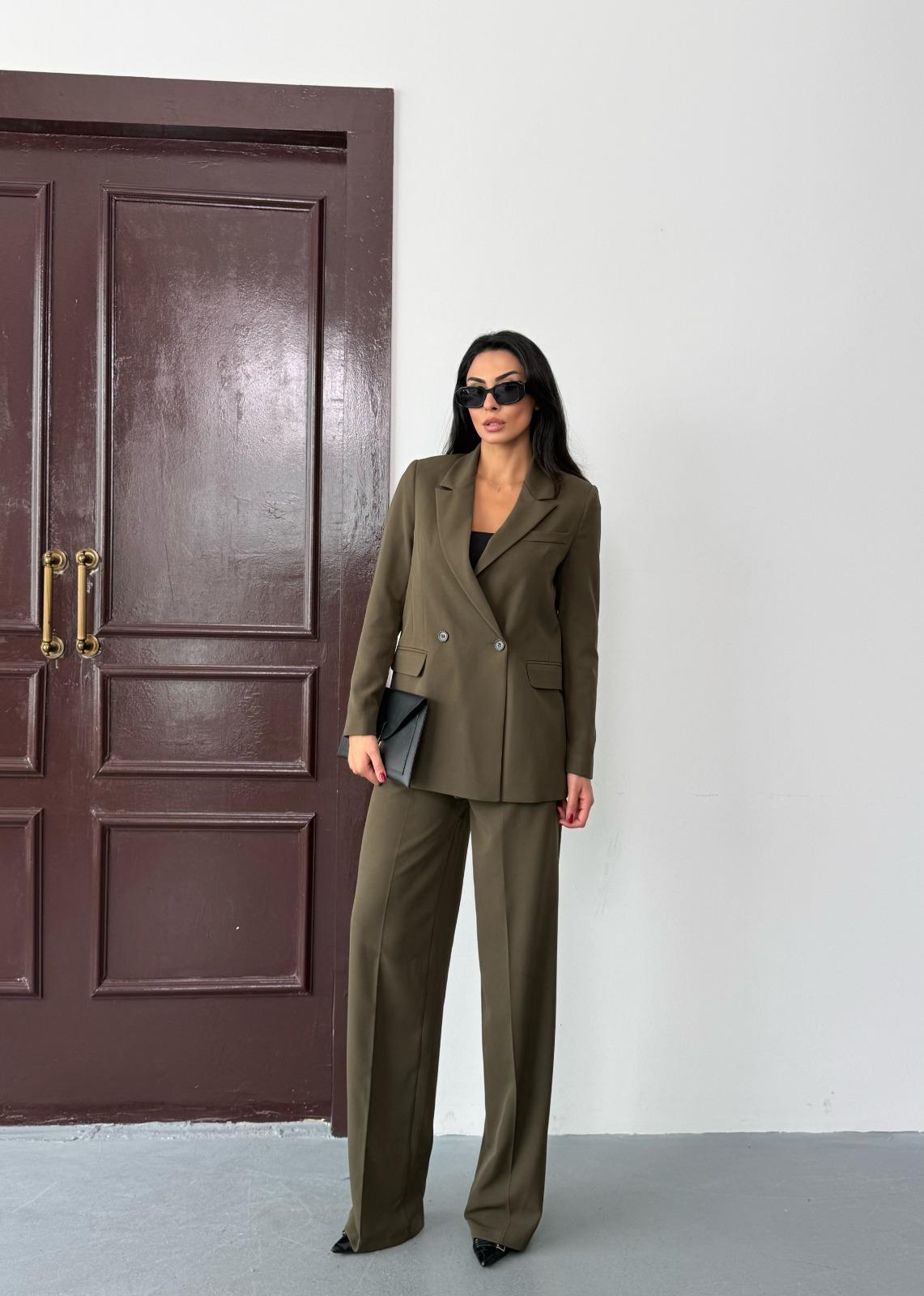 Haki Kadın Polly Viscon Takım – 1. Sınıf Kumaş Blazer Ceket & Palazzo Pantolon İkili Takım