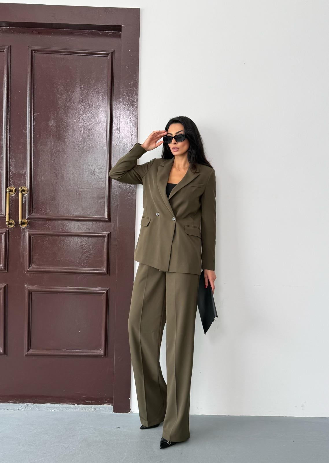 Haki Kadın Polly Viscon Takım – 1. Sınıf Kumaş Blazer Ceket & Palazzo Pantolon İkili Takım