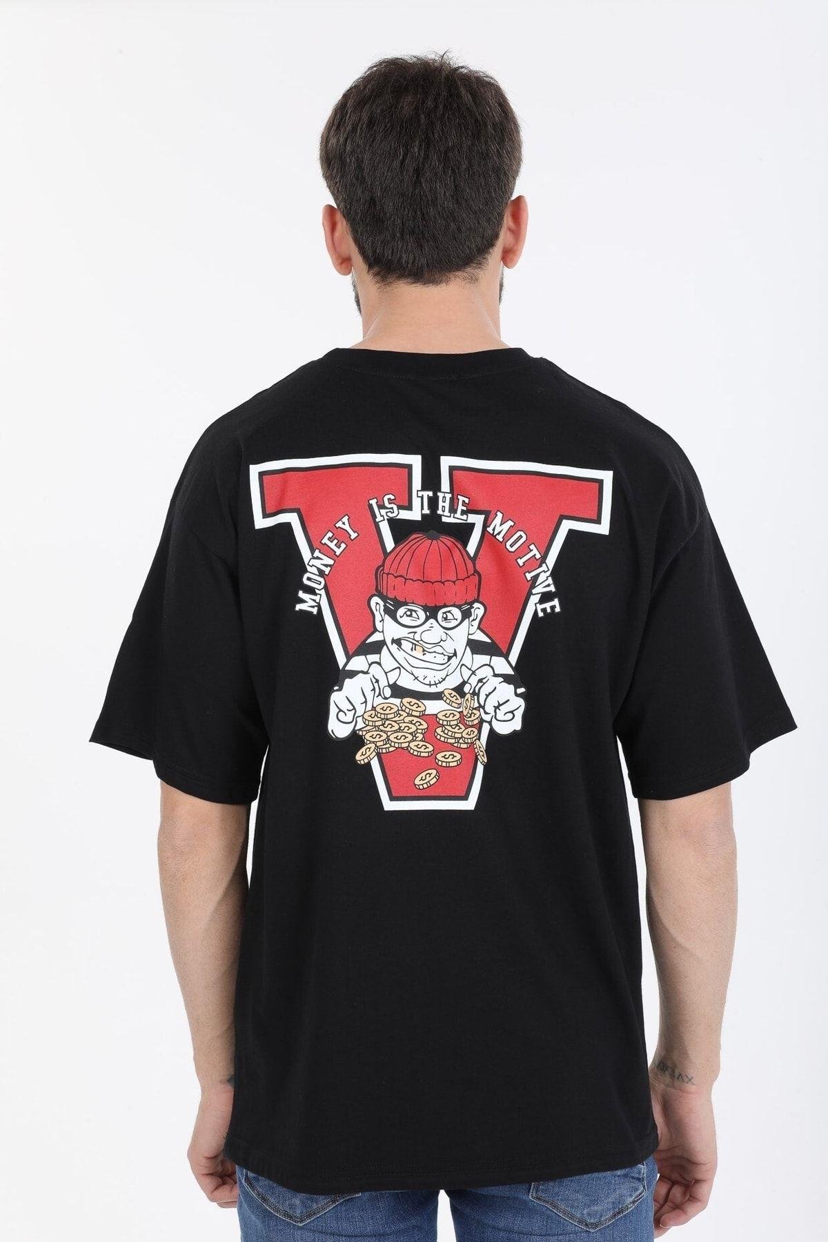 Hırsız Desenli Siyah T-shirt