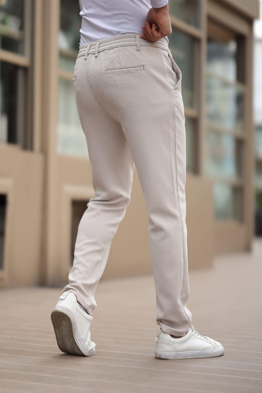 İnce Çizgili Kumaş Bej Jogger Pantolon