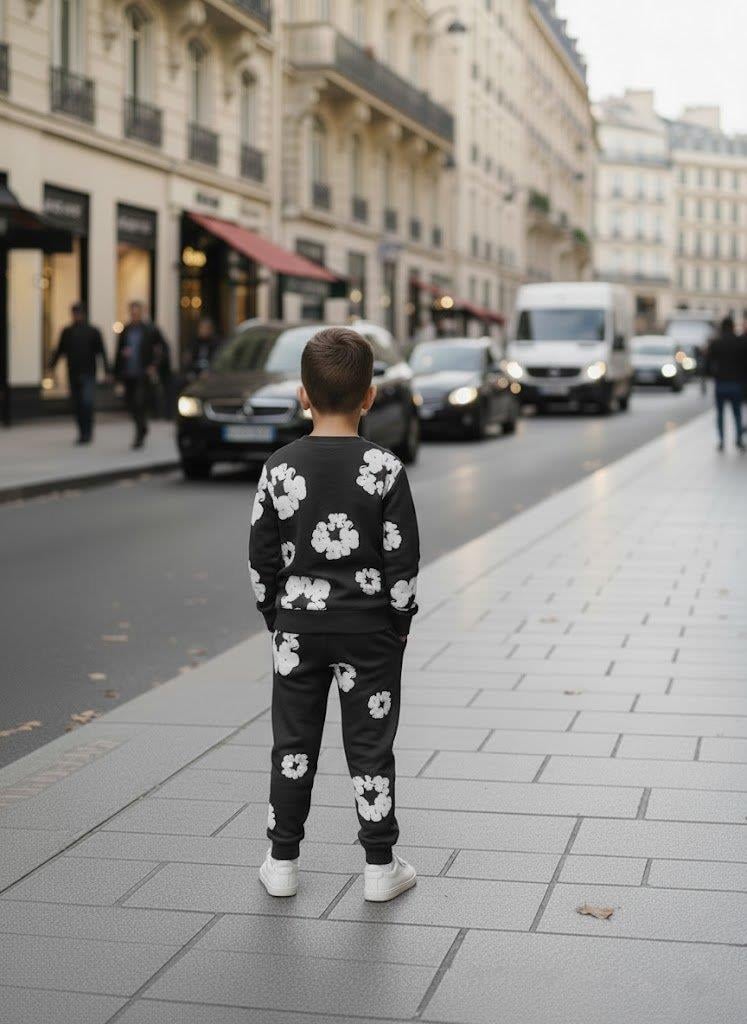 Kabartma Çiçek Baskılı Siyah Çocuk Eşofman Takımı | Premium Pamuklu Sweatshirt Takım