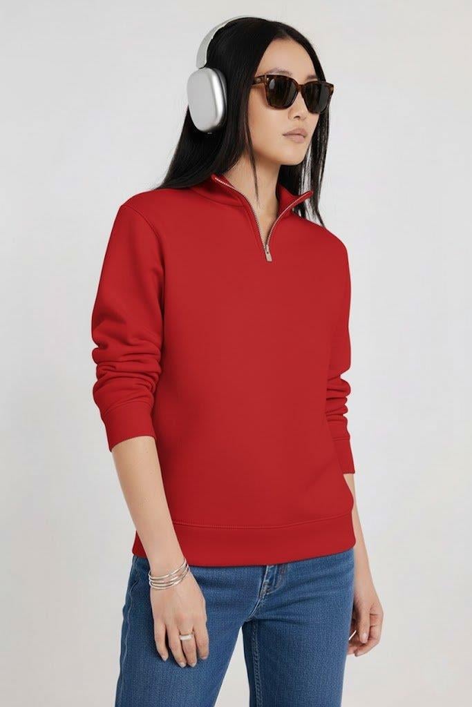 Kadın 3 İplik Şardonlu Yarım Fermuarlı Kırmızı Sweatshirt – İçi Pamuklu Kalın Kumaş, Tam Kalıp Rahat Model