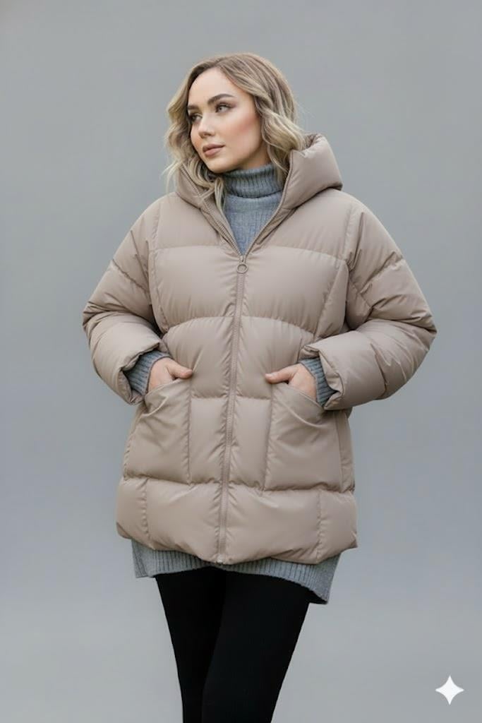 Kadın Bej Kapüşonlu Şişme Mont – Oversize Kışlık Kalın Mont –  Soğuk Geçirmez Şişme Mont