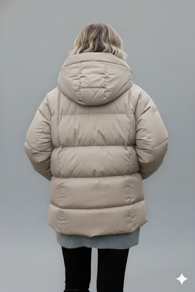 Kadın Bej Kapüşonlu Şişme Mont – Oversize Kışlık Kalın Mont –  Soğuk Geçirmez Şişme Mont