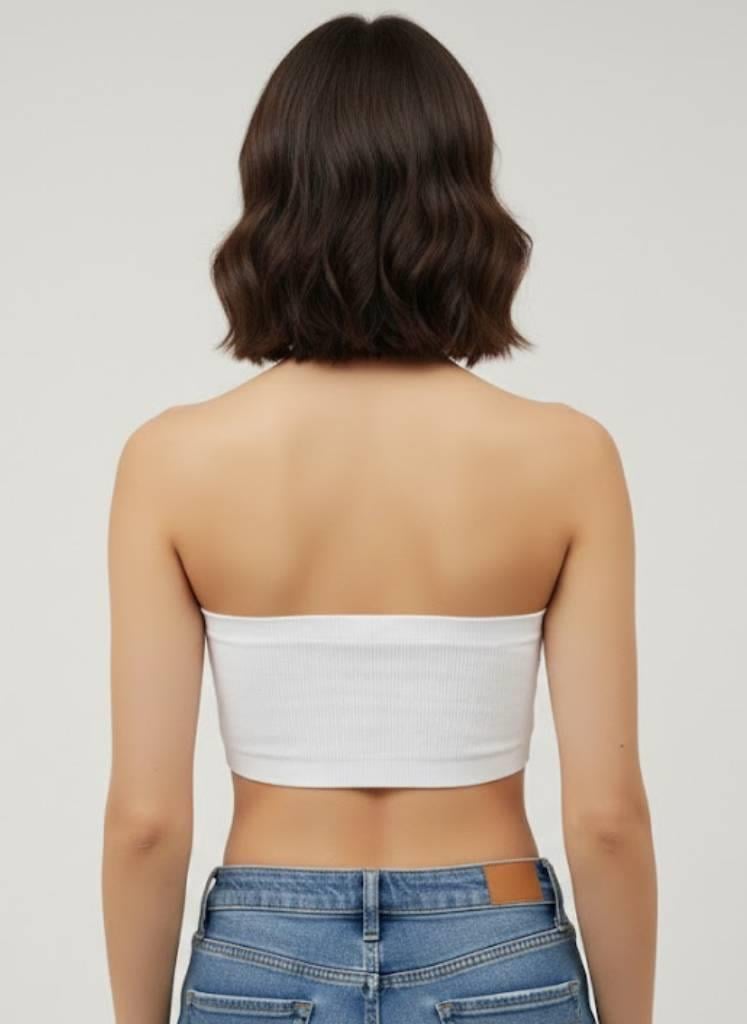 Kadın Beyaz Taş Detaylı Straplez Crop Top – Esnek Kumaş, Işıltılı Bant Büstiyer