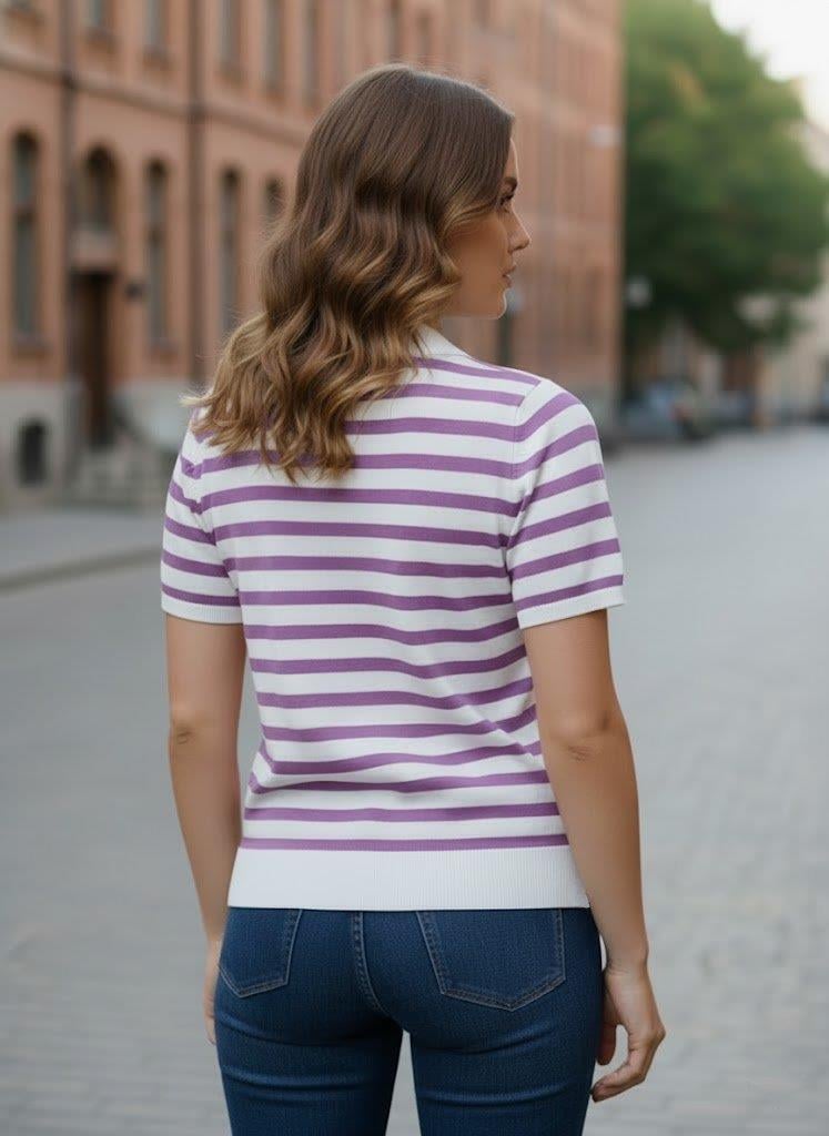 Kadın Çizgili Polo Yaka Triko Bluz –  Lila Beyaz – Kısa Kollu – 36-40 Beden Uyumu
