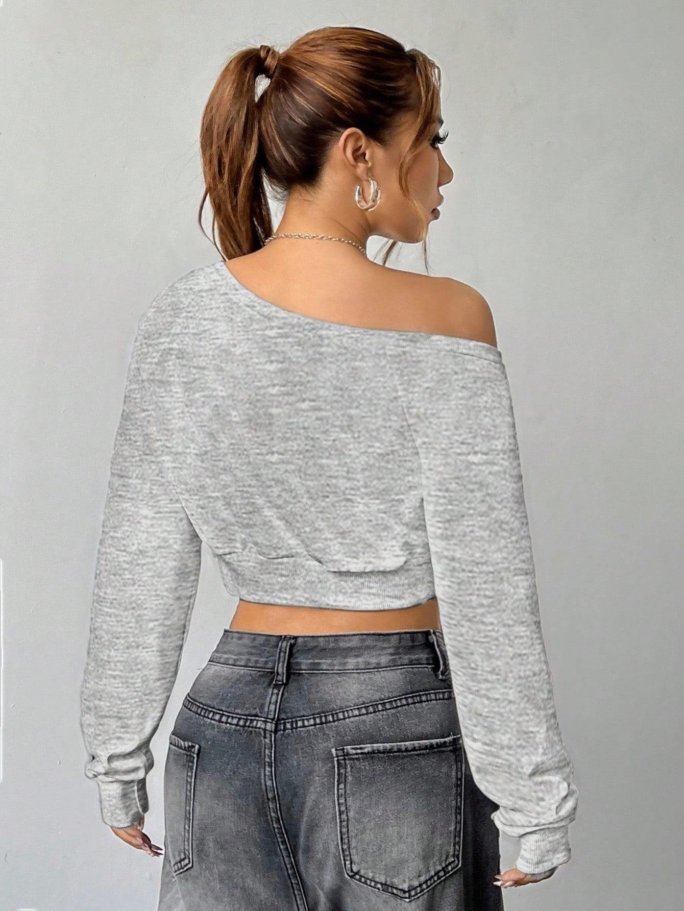 Kadın Gri Brazil South America Baskılı Omzu Açık Crop Sweatshirt