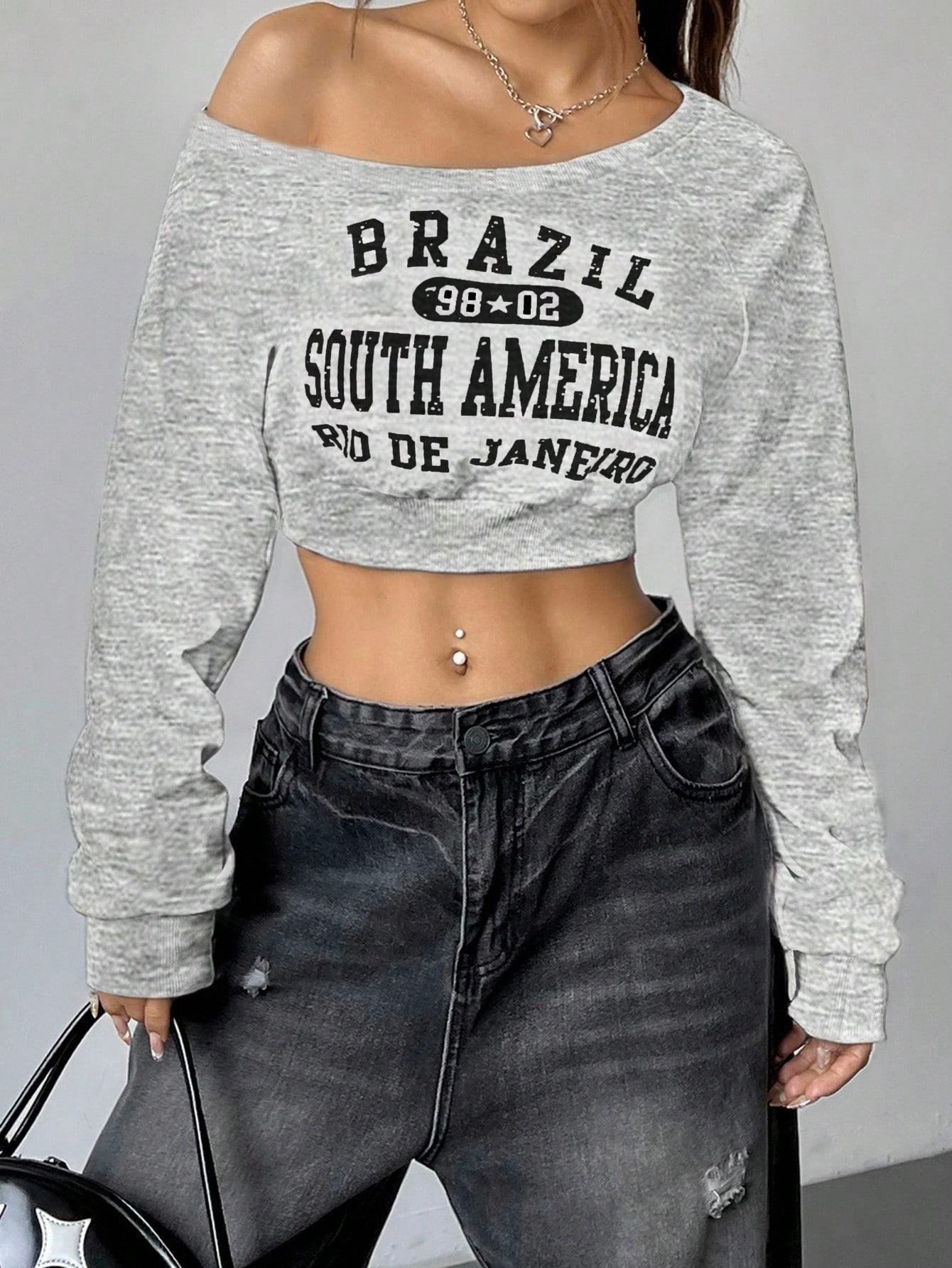 Kadın Gri Brazil South America Baskılı Omzu Açık Crop Sweatshirt