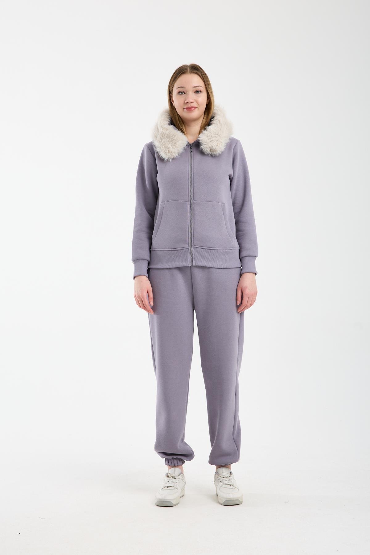 Kadın Gri Kapüşonu Kürklü (Çıkarılabilir) Fermuarlı Sweatshirt ve Eşofman Altı Takım