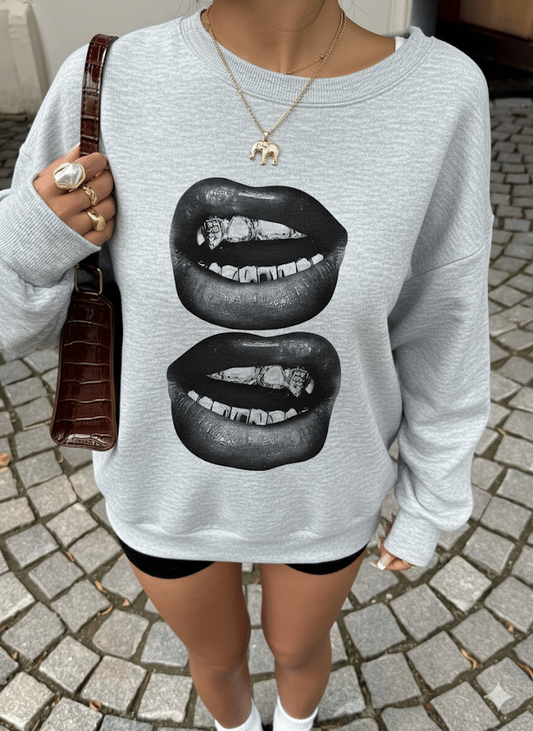 Kadın Gri Oversize Sweatshirt – Baskılı Dudak Desenli, Sokak Stili, Rahat Kesim