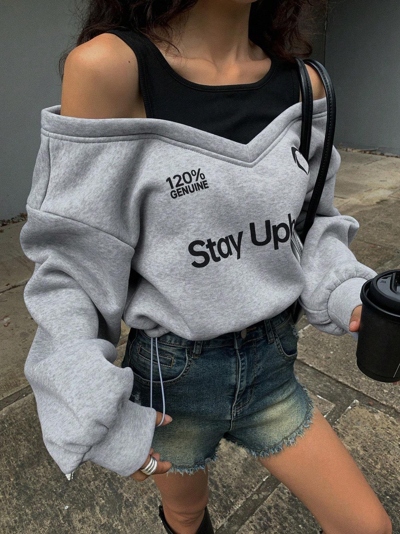 Kadın Gri Şardonlu İkili Görünüm Sweatshirt - Askılı Atlet Detaylı Oversize Sweat