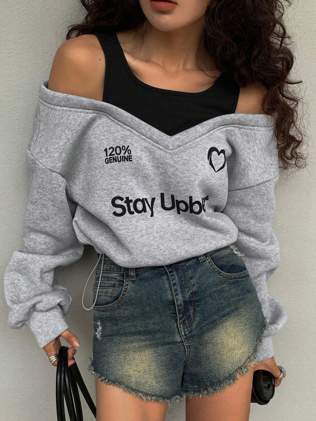 Kadın Gri Şardonlu İkili Görünüm Sweatshirt - Askılı Atlet Detaylı Oversize Sweat