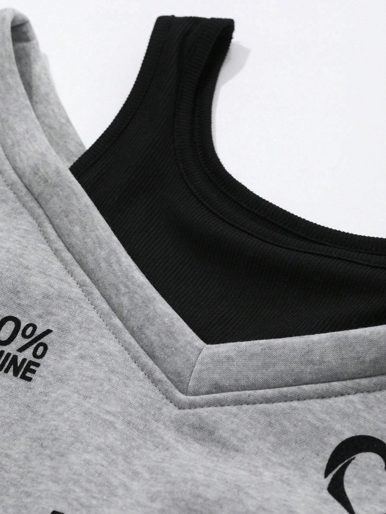 Kadın Gri Şardonlu İkili Görünüm Sweatshirt - Askılı Atlet Detaylı Oversize Sweat