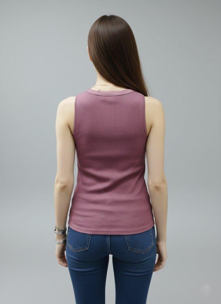 Kadın Gül Kurusu V Yaka Düğmeli Fitilli Kaşkorse Atlet - Kolsuz İnce Örme Bluz