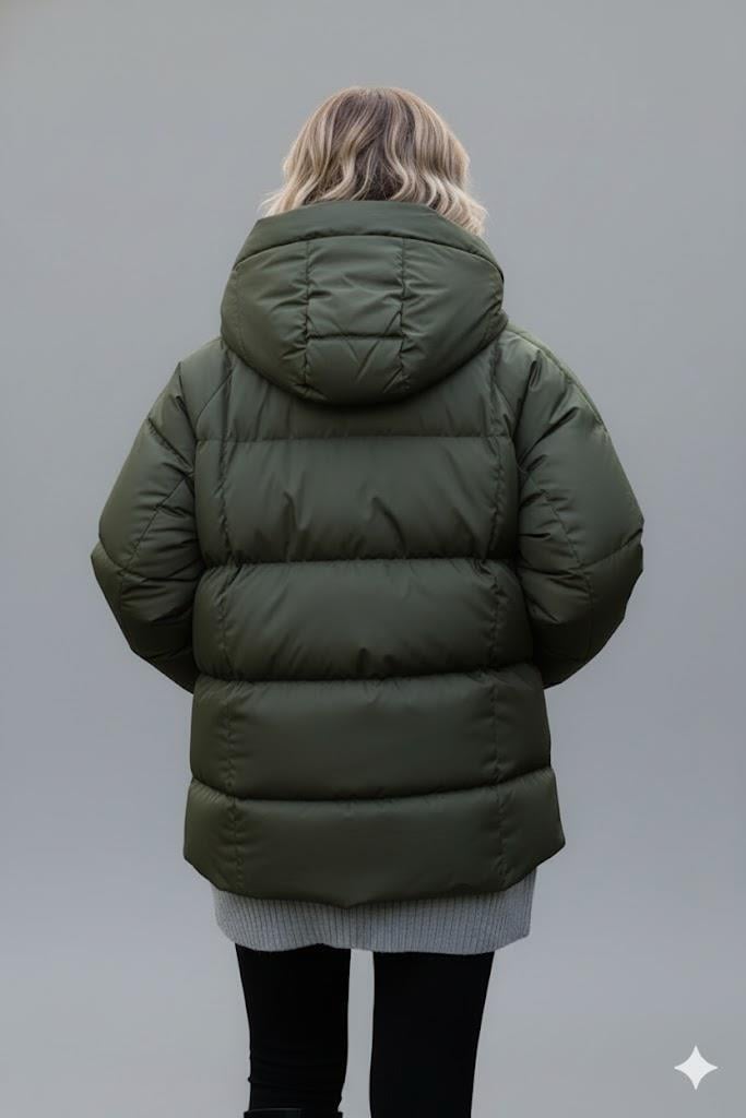 Kadın Haki Kapüşonlu Şişme Mont – Oversize Kışlık Kalın Mont –  Soğuk Geçirmez Şişme Mont