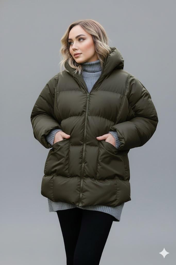 Kadın Haki Kapüşonlu Şişme Mont – Oversize Kışlık Kalın Mont –  Soğuk Geçirmez Şişme Mont