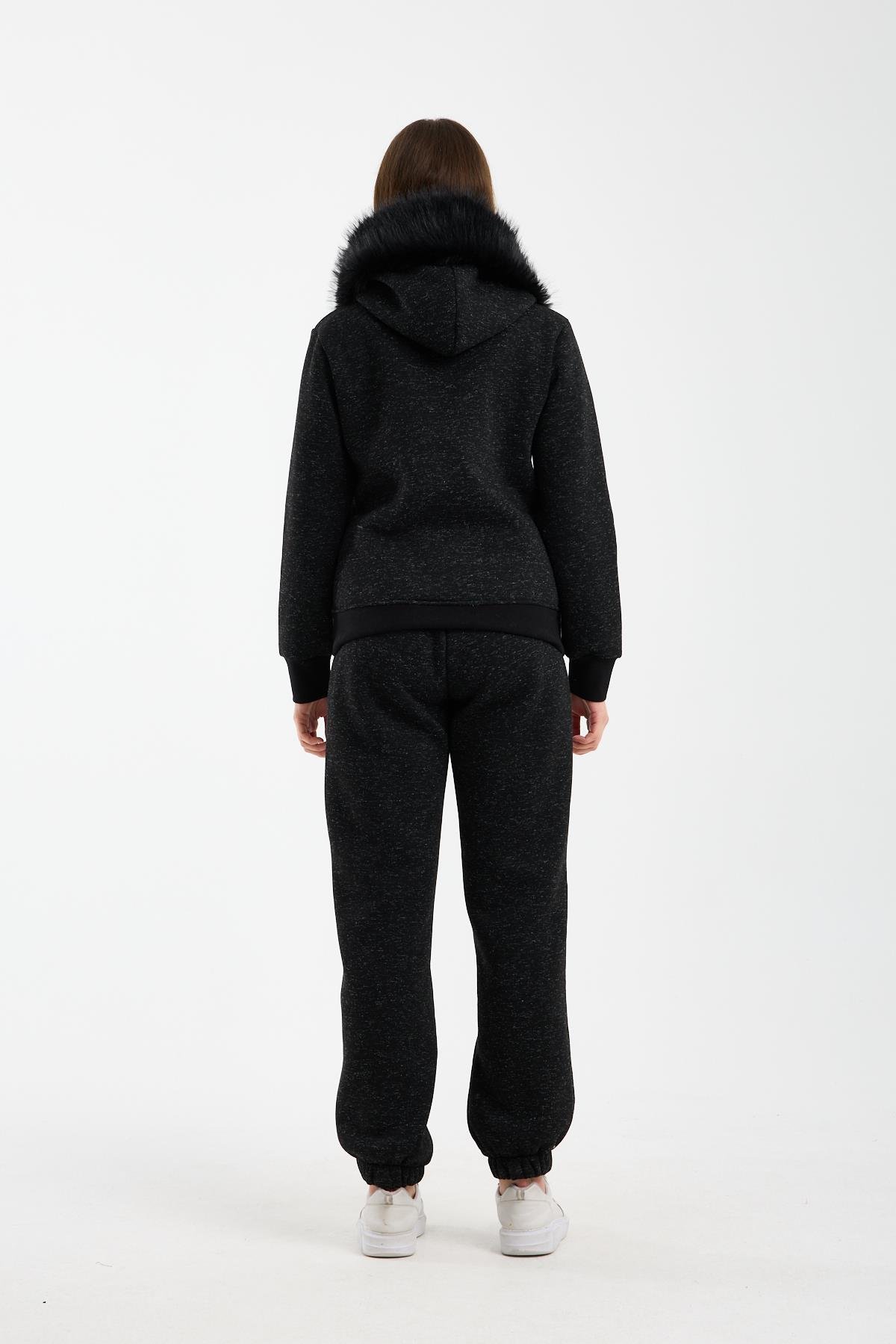 Kadın Kırçıllı Siyah Kapüşonu Kürklü (Çıkarılabilir) Fermuarlı Sweatshirt ve Eşofman Altı Takım
