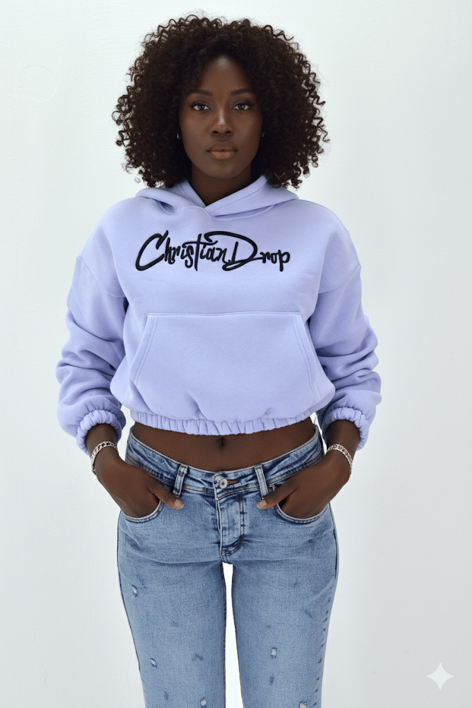 Kadın Neon Christian Drop Yazılı Kapüşonlu Crop Kesim Lila Sweatshirt Nakış İşlemeli