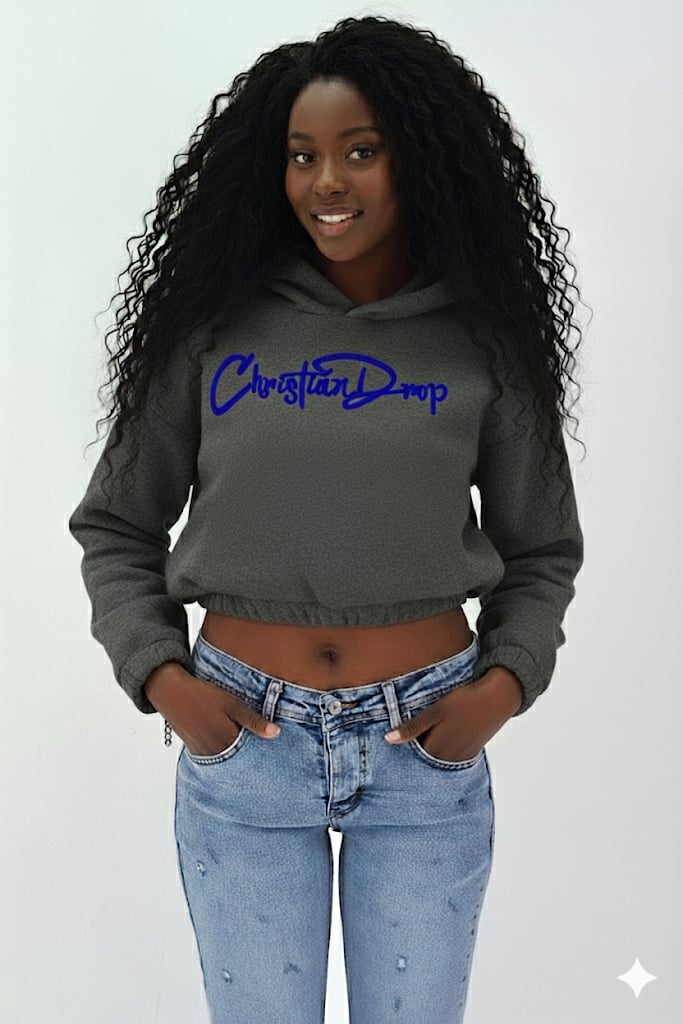 Kadın Neon Christian Drop Yazılı Kapüşonlu Crop Kesim Antrasit Sweatshirt Nakış İşlemeli