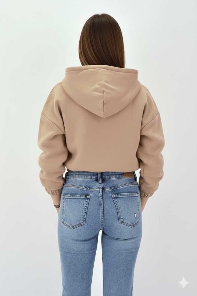 Kadın Neon Christian Drop Yazılı Kapüşonlu Crop Kesim Vizon Sweatshirt Nakış İşlemeli